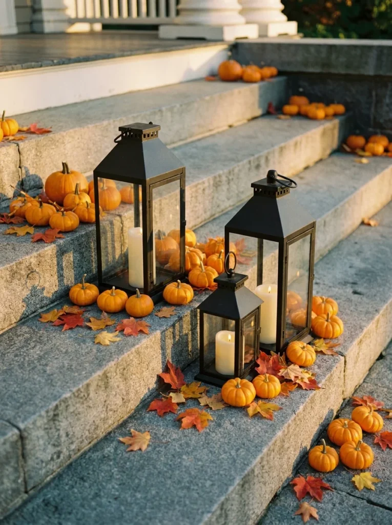Three lanterns arranged on porch steps with pumpkins for fall
