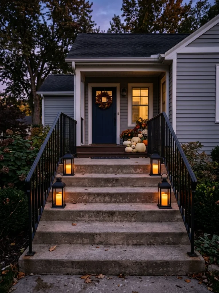 Matching black lanterns create warm modern fall porch decor along concrete steps.