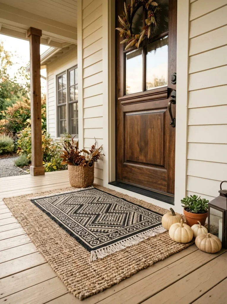 A layered jute rug and neutral doormat anchor an elegant fall entry.