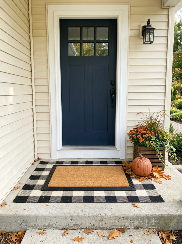 Layered doormats add texture and pattern to a small fall porch]