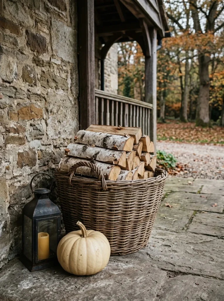 Woven firewood basket styled with pumpkins for farmhouse fall porch decor.