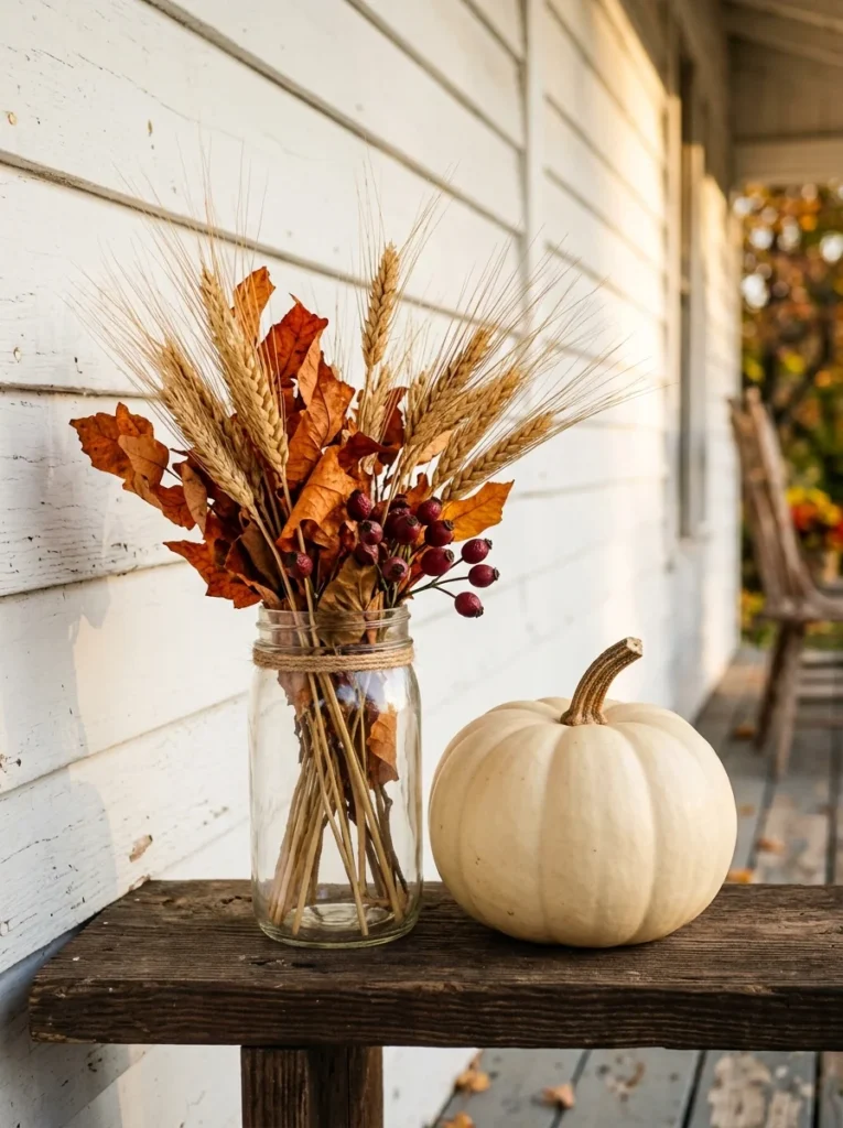 A mason jar filled with autumn stems makes a tiny porch ledge feel seasonal.