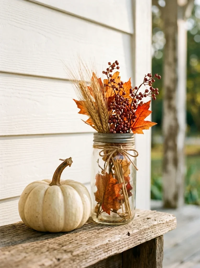A mason jar filled with dried autumn stems creates a tiny low-cost porch accent.