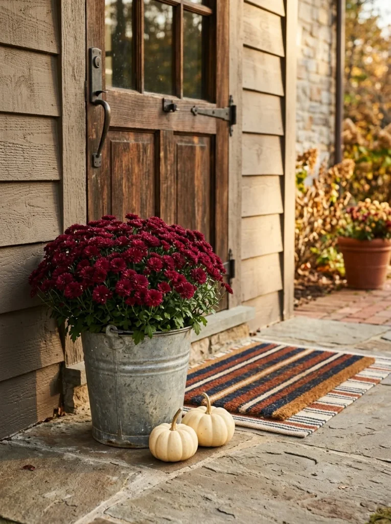 Galvanized bucket filled with burgundy mums on an autumn porch