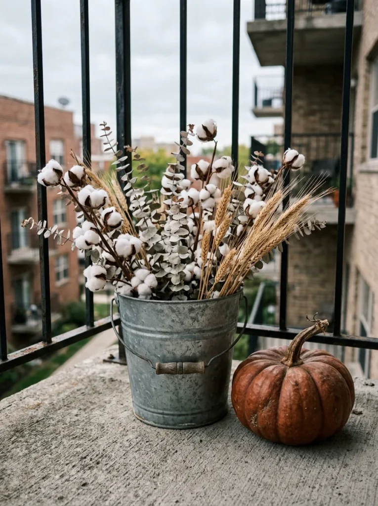 Galvanized bucket filled with cotton stems and eucalyptus for fall porch decor.