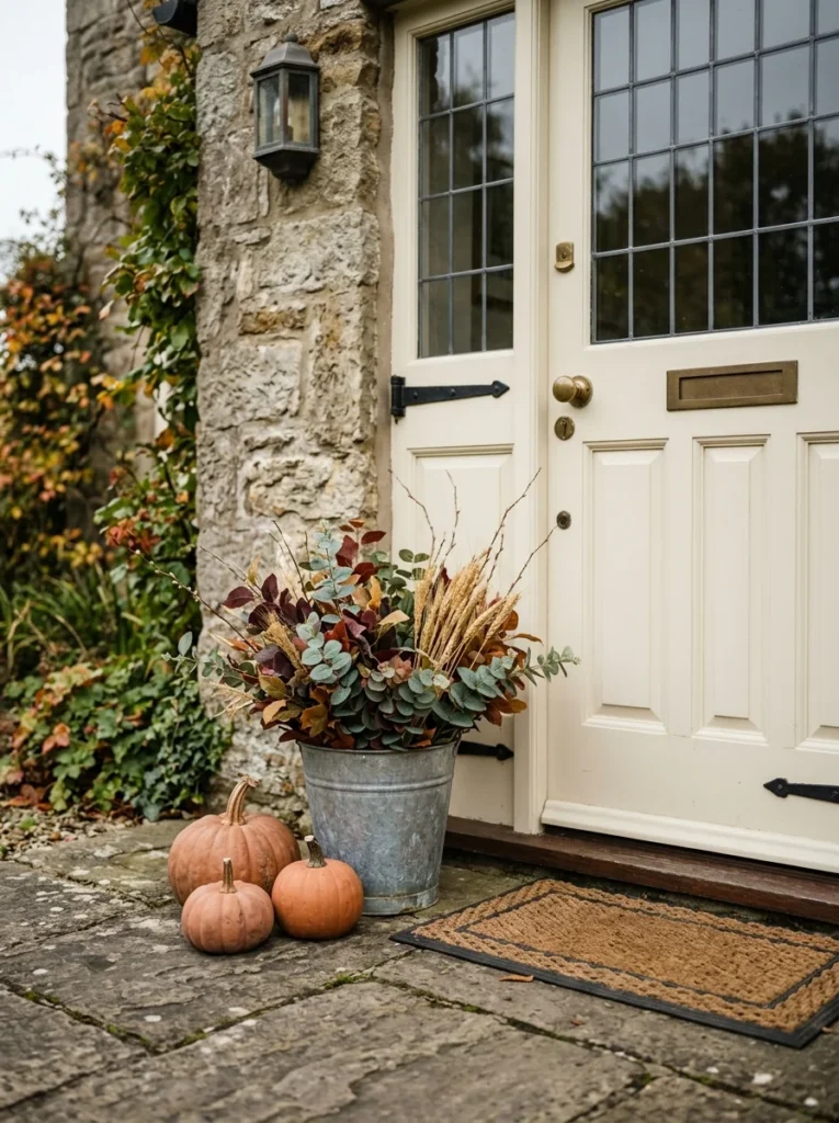A galvanized bucket filled with autumn foliage adds height to a cozy front porch.