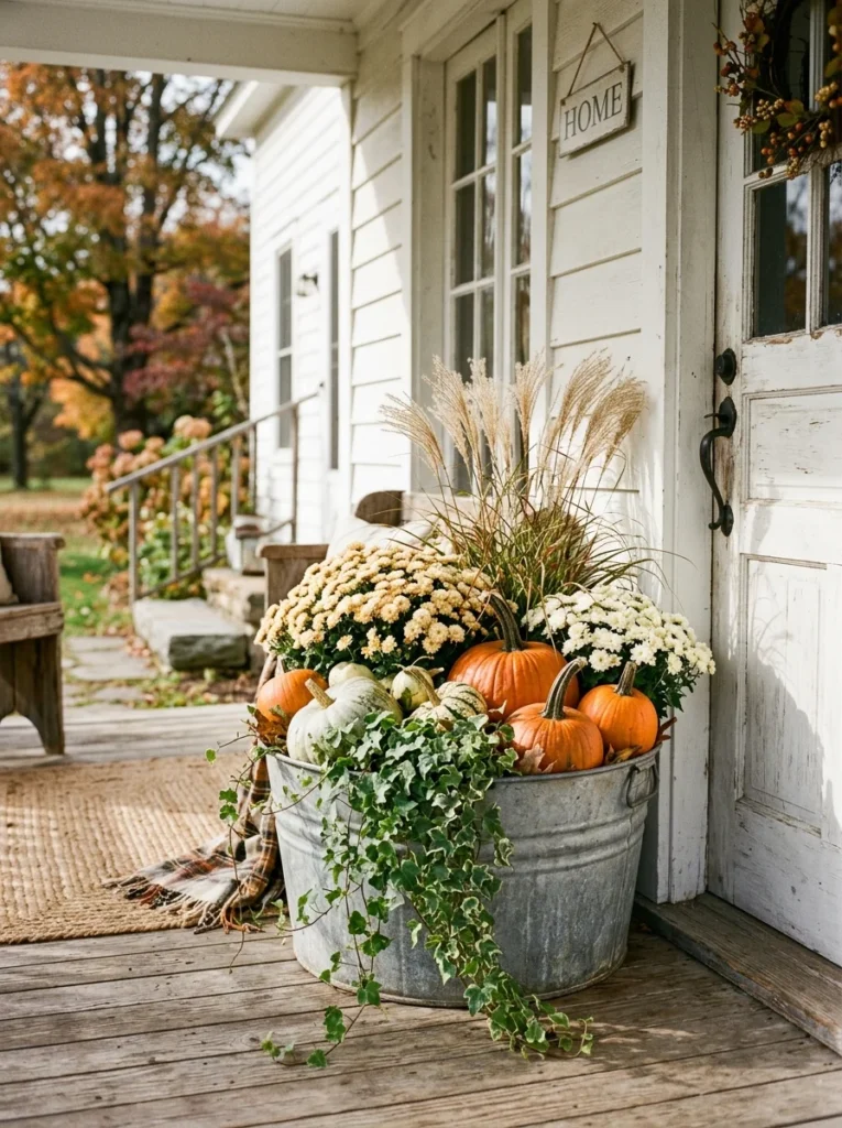 Galvanized tub filled with pumpkins and fall plants for farmhouse porch decor.