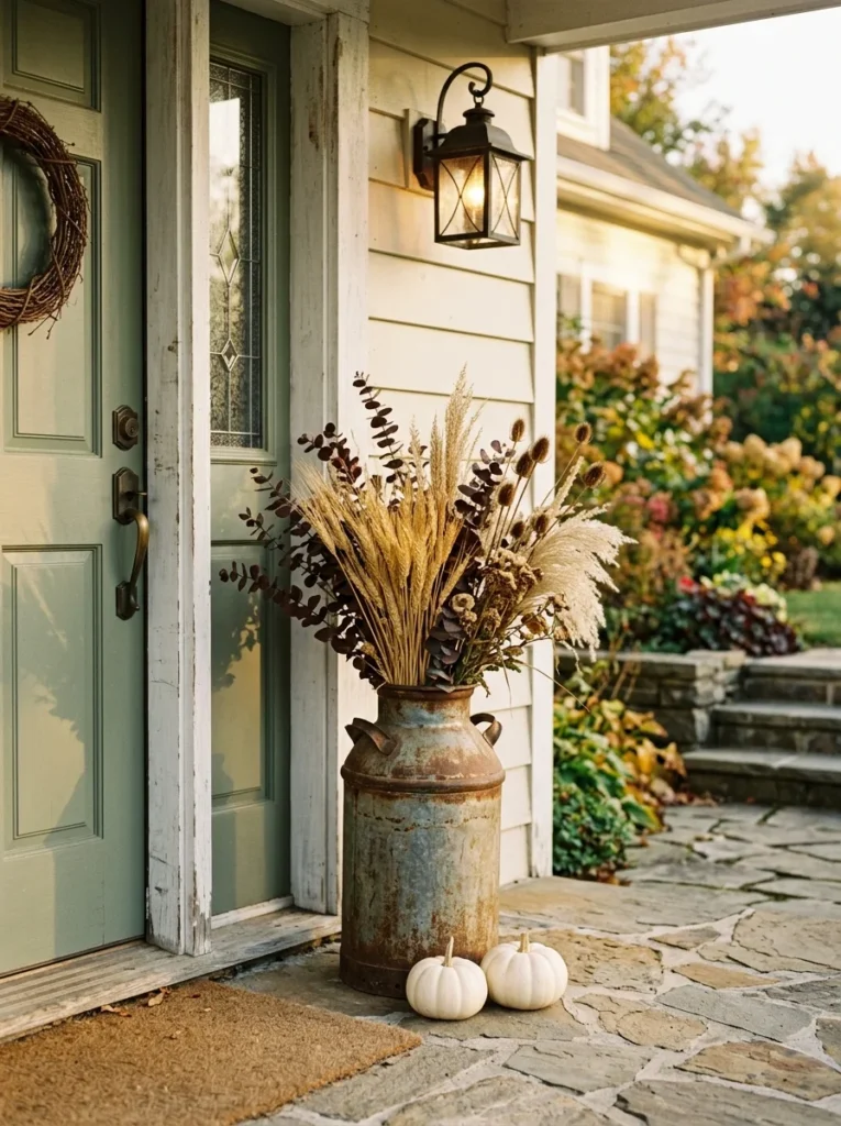A vintage milk can with dried stems adds height to rustic front porch fall decor
