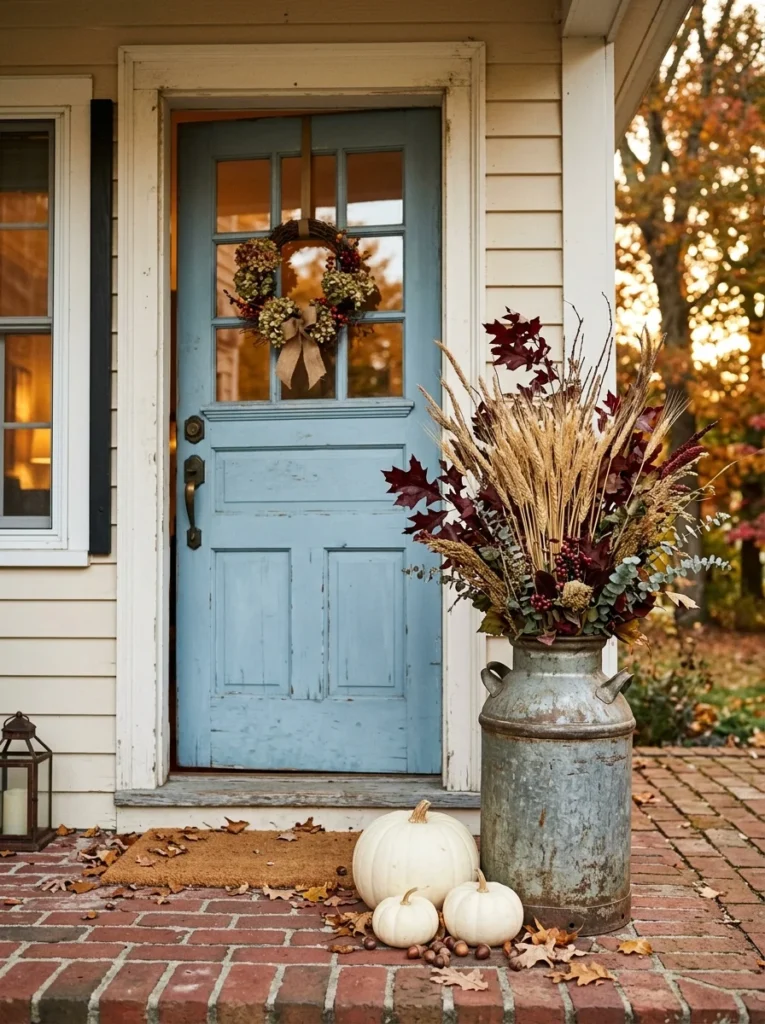  A vintage milk can filled with dried stems adds height to rustic fall porch decor