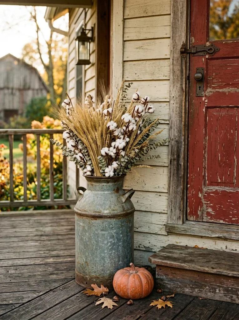 Vintage milk can filled with dried wheat for rustic farmhouse fall porch decor.