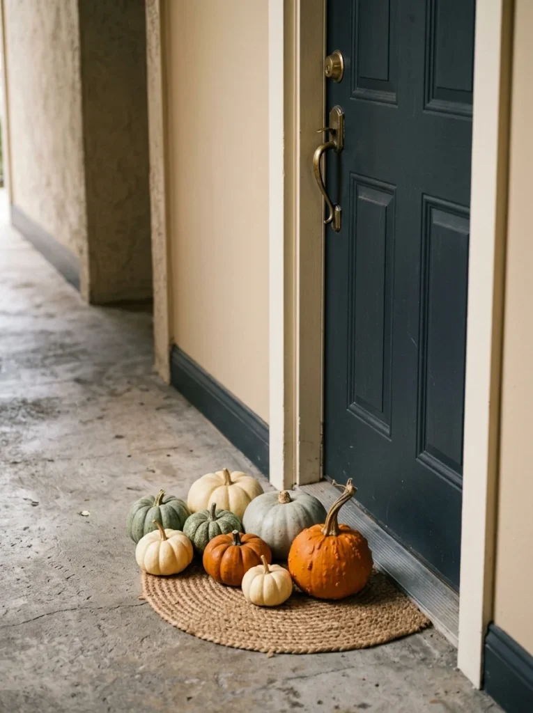 Mini pumpkins arranged beside an apartment door for simple fall porch decor.