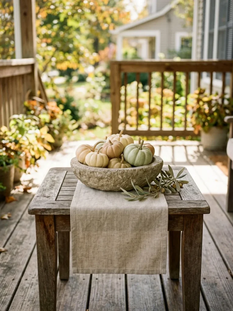 Mini pumpkins in a stone bowl create an understated neutral fall porch centerpiece.