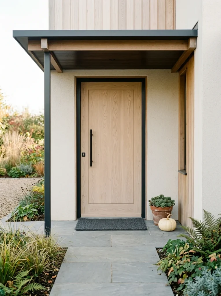 A charcoal doormat anchors a clean modern fall entry with subtle seasonal accents.