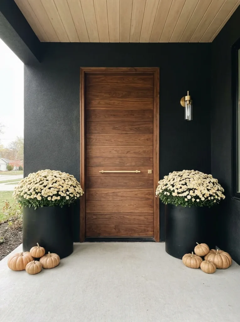  Tall black planters filled with cream mums frame a modern fall entry.