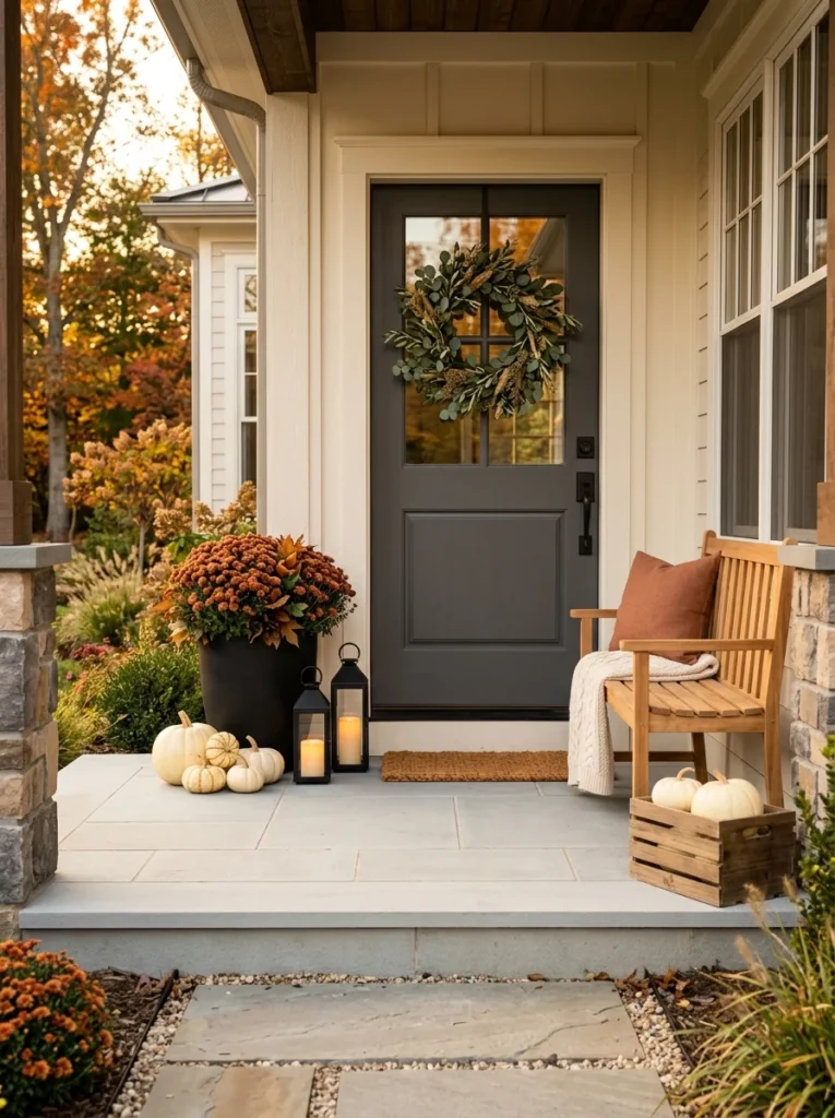 A polished modern fall porch combines cream pumpkins, rust flowers, greenery, and warm lighting.