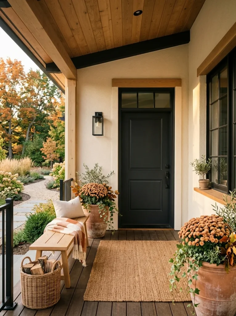 Modern fall porch decor with neutral colors, natural wood, and warm autumn planters.