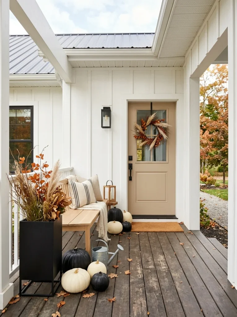 Black and cream pumpkins create a modern fall porch decor color palette
