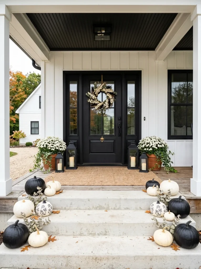Black and white pumpkin display on a modern fall porch