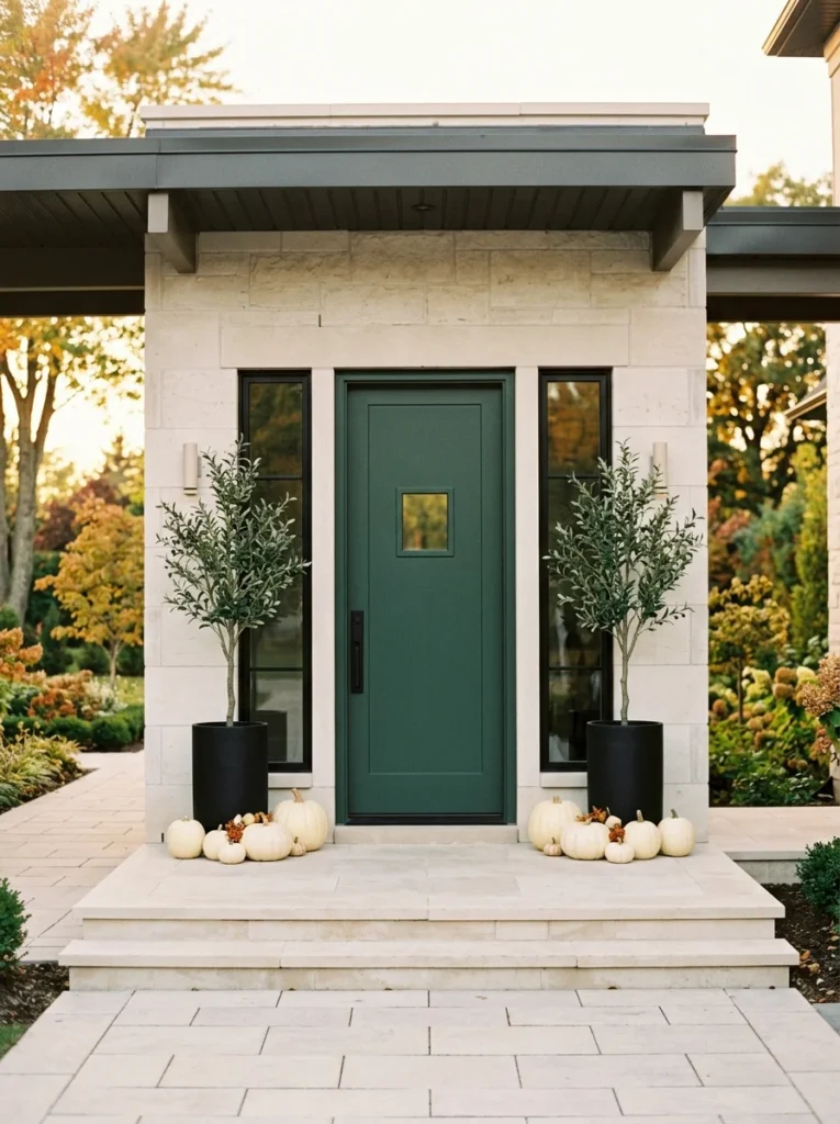 Slim green trees frame a contemporary front door with subtle fall accents.