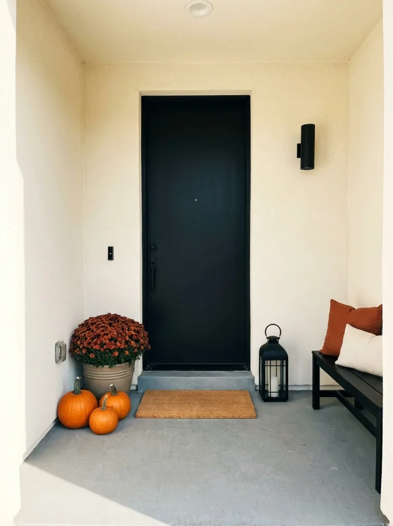 Black and burnt orange accents create a simple cozy autumn porch.