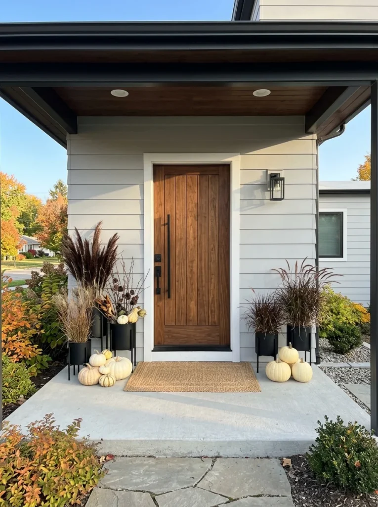  Warm wood and black accents create modern fall porch decor