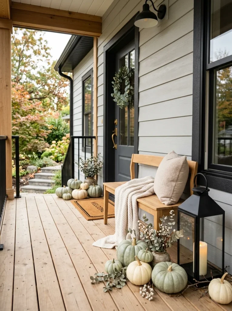 Sage green and cream pumpkins creating modern fall porch decor.