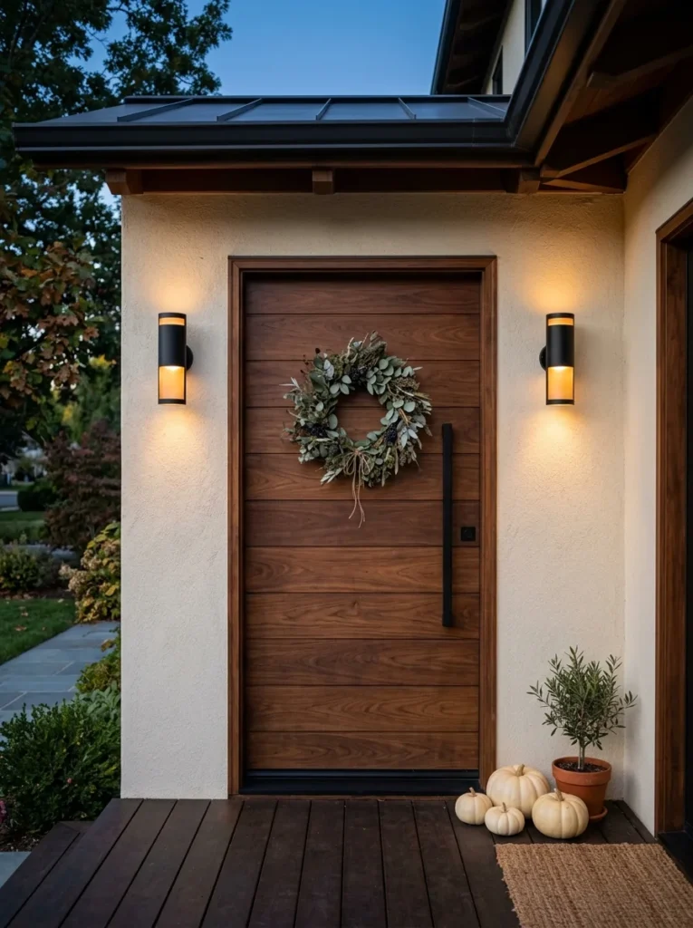 Warm wall sconces give a modern porch a welcoming autumn glow after sunset.