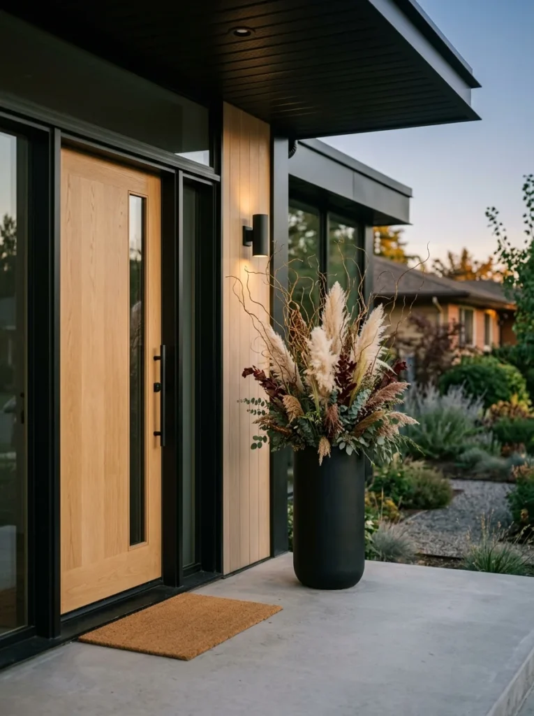 Tall black planter filled with dried branches for modern fall porch decor