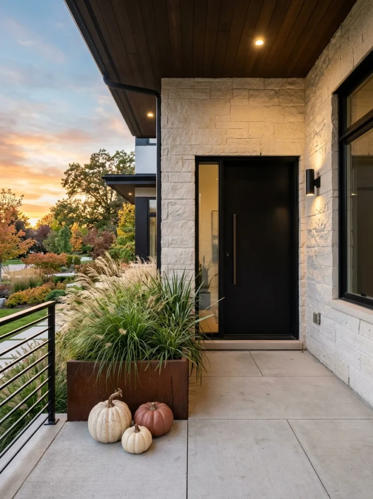 Ornamental grass and muted pumpkins create a polished modern fall porch arrangement.