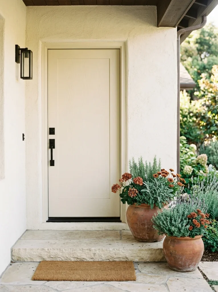Terracotta pots add restrained autumn warmth to a contemporary porch.