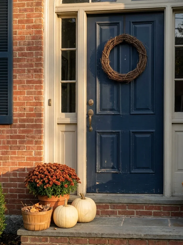 Simple pumpkin and mum fall harvest entry beside a front door