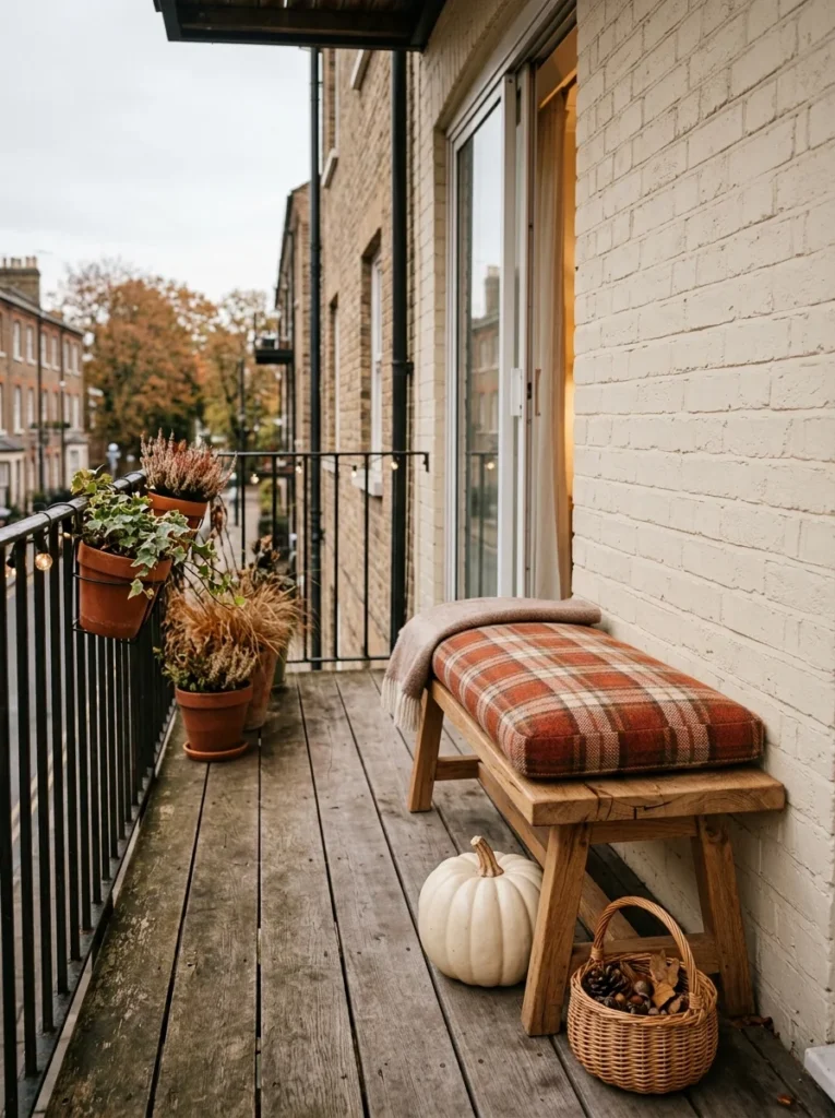 Slim wooden bench with plaid cushion on a small fall entry porch.