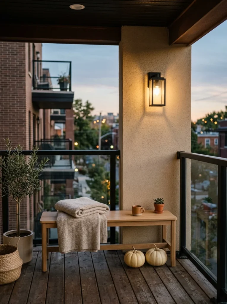 A slim wood bench adds useful seating to a cozy modern fall porch.