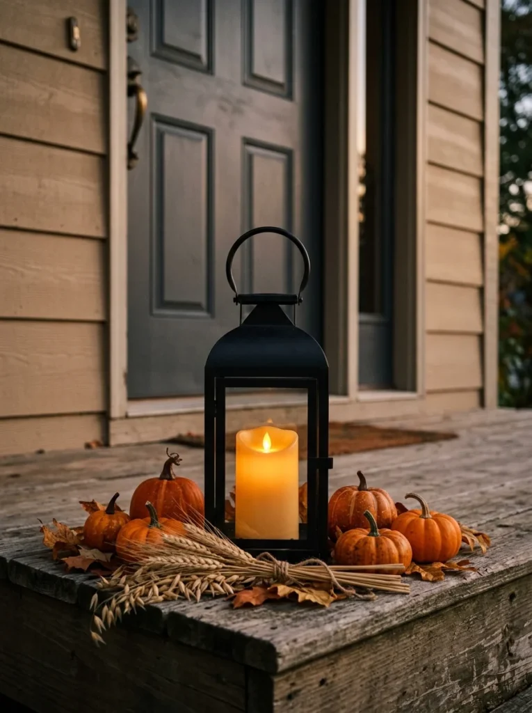 A black lantern with an amber candle adds warm autumn lighting to a porch.