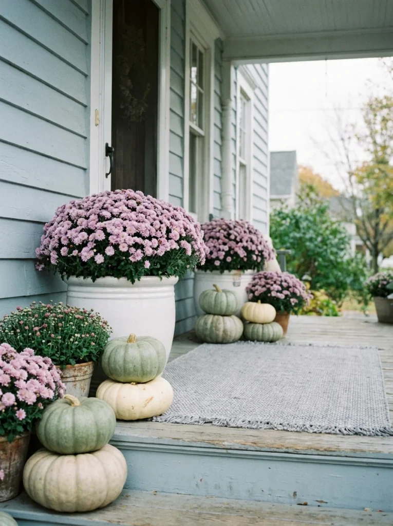 Lavender mums and sage pumpkins create a soft contemporary fall porch.