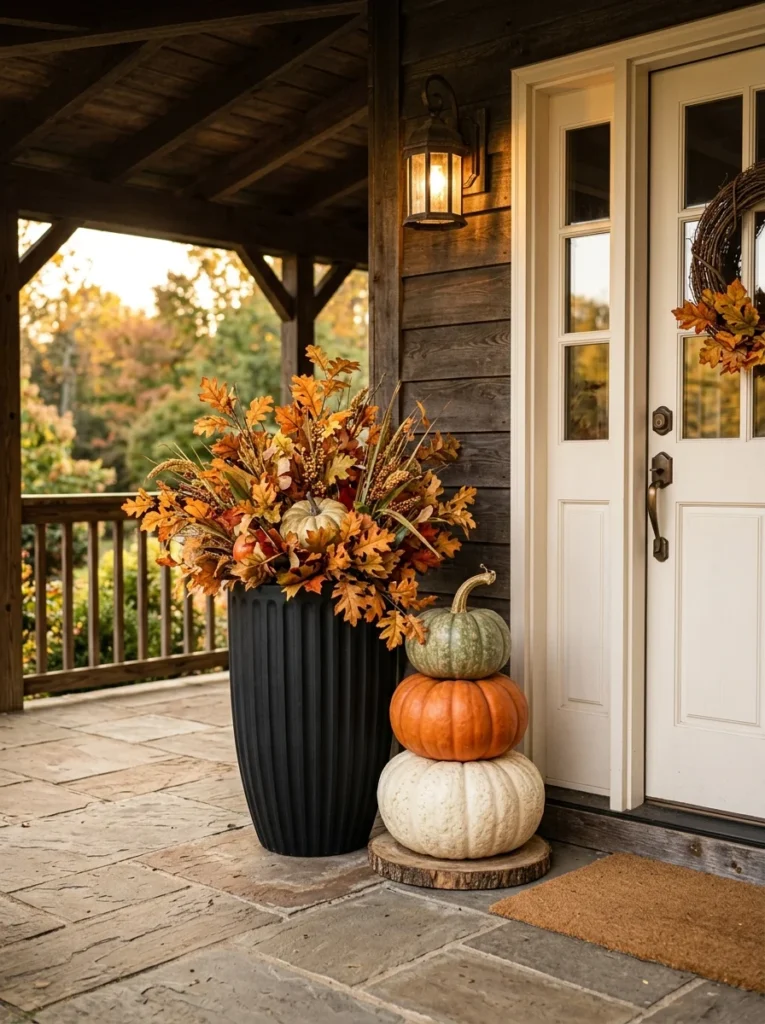 A pumpkin tower in a tall planter adds height to a small autumn porch.