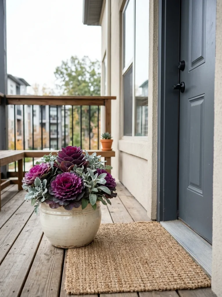 Burgundy ornamental cabbage in a cream planter on a small apartment porch.