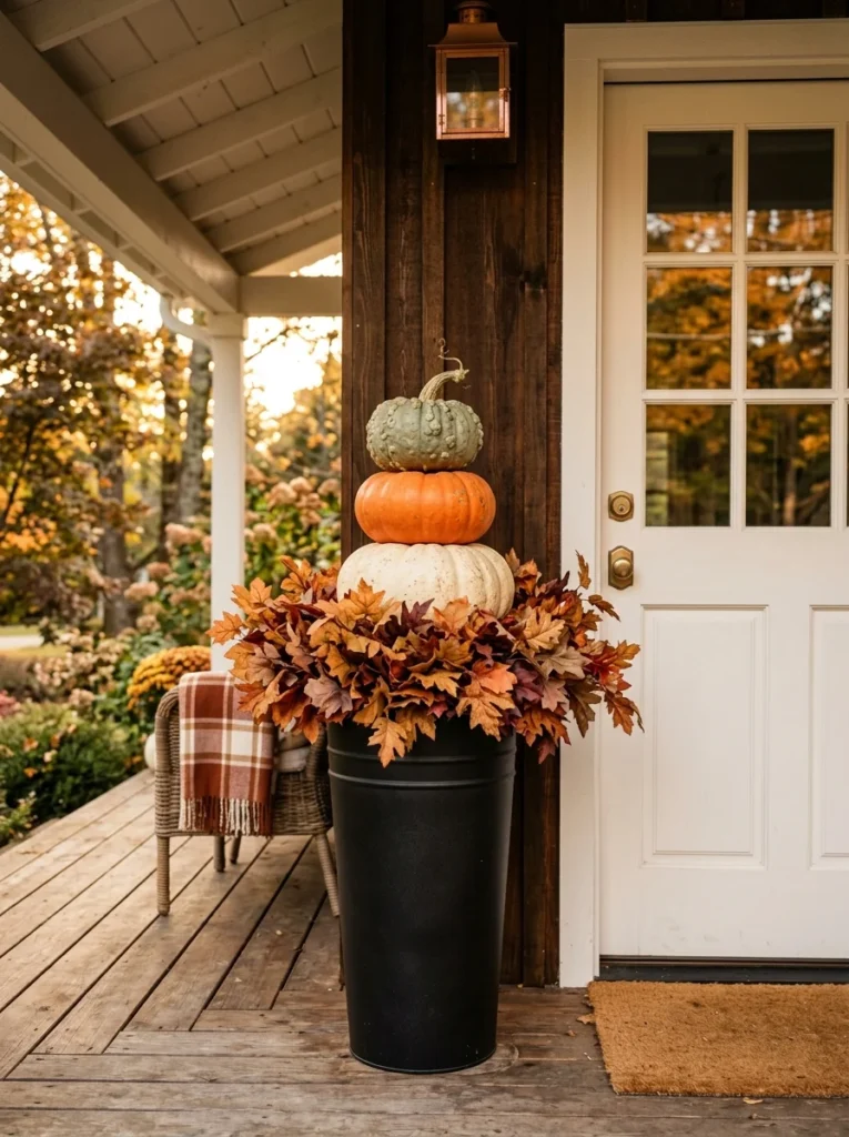 A tall planter filled with stacked pumpkins creates a compact fall porch display.