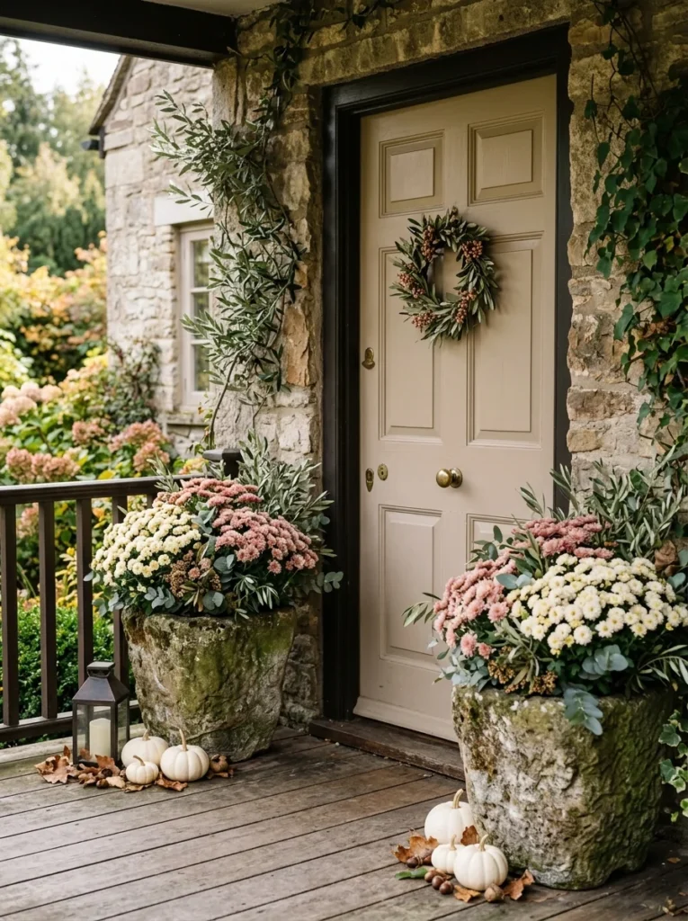 Cream chrysanthemums add soft seasonal color to a neutral fall front porch.