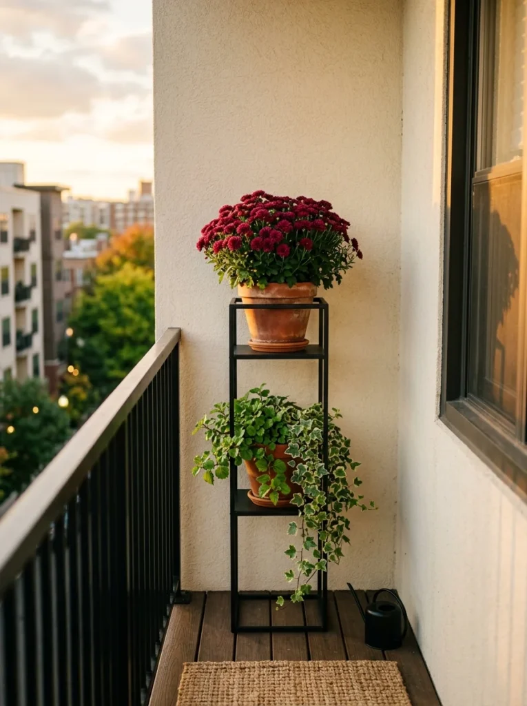 Vertical plant stand with burgundy mums and greenery on a compact porch.