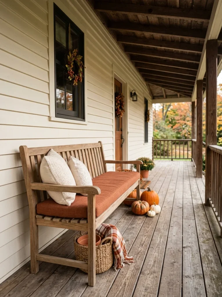  A slim wooden bench adds seating and storage to a long fall porch