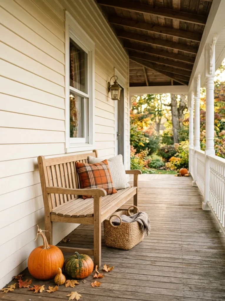 A slim wood bench adds seating and storage to a welcoming fall porch