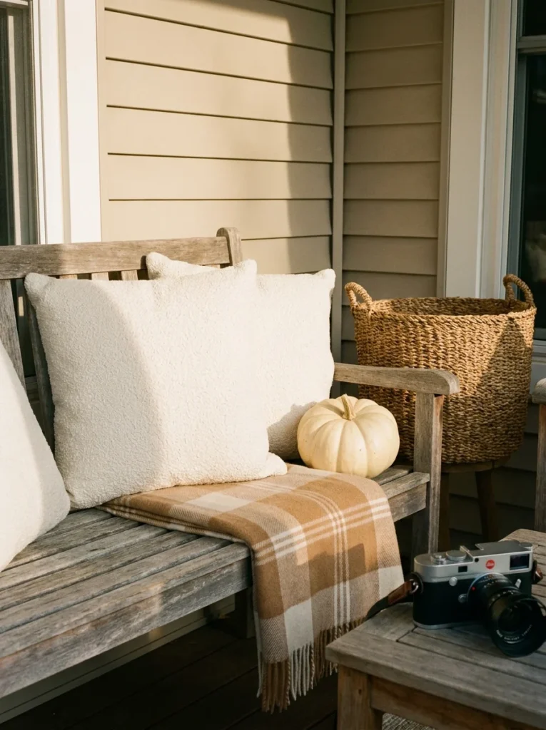 Ivory textured cushions add cozy layers to neutral fall porch decor.