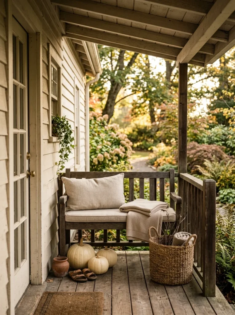 A weathered wood bench gives a neutral fall porch a comfortable focal point.