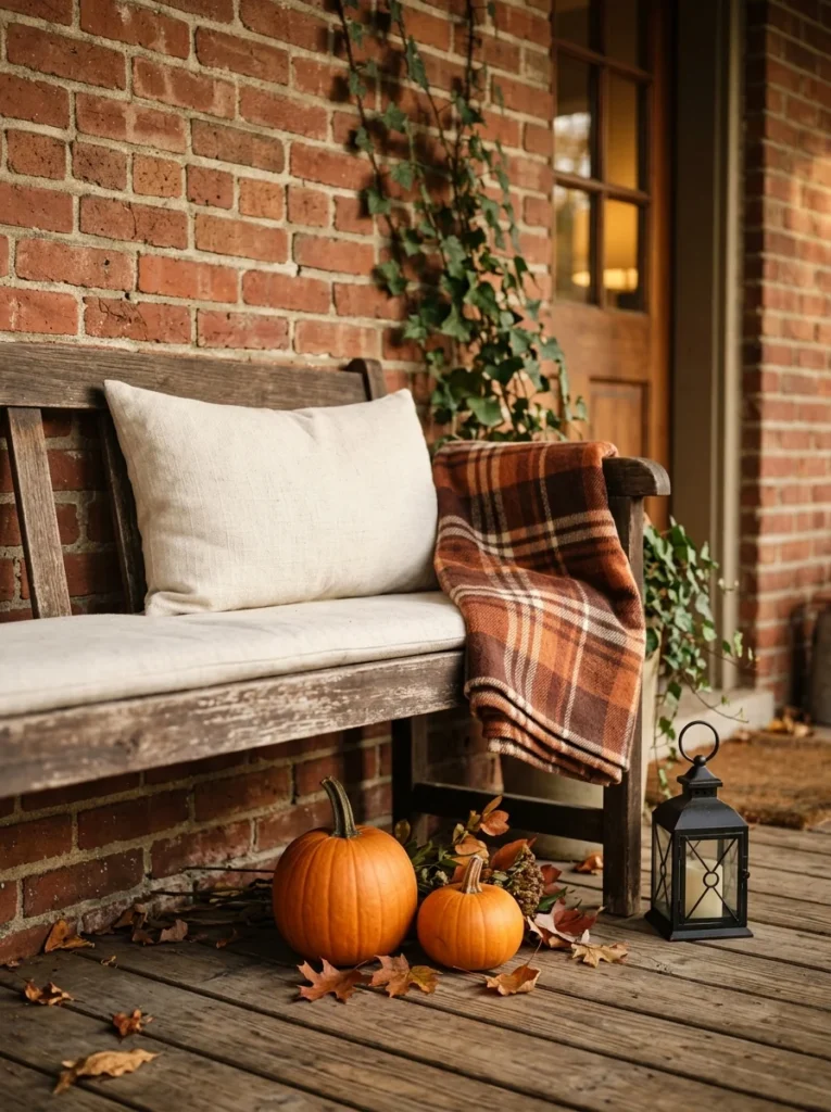 A plaid throw, pumpkins, and lantern make a porch bench feel cozy for fall.