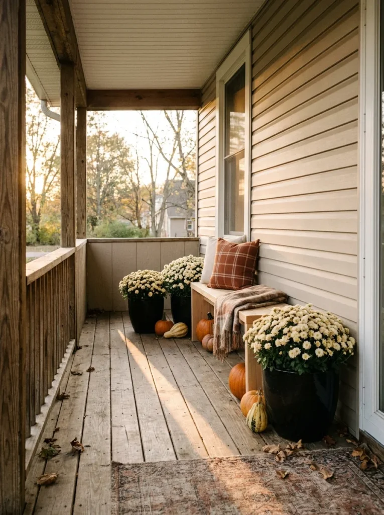 A small porch bench becomes a practical fall focal point with mums and pumpkins.