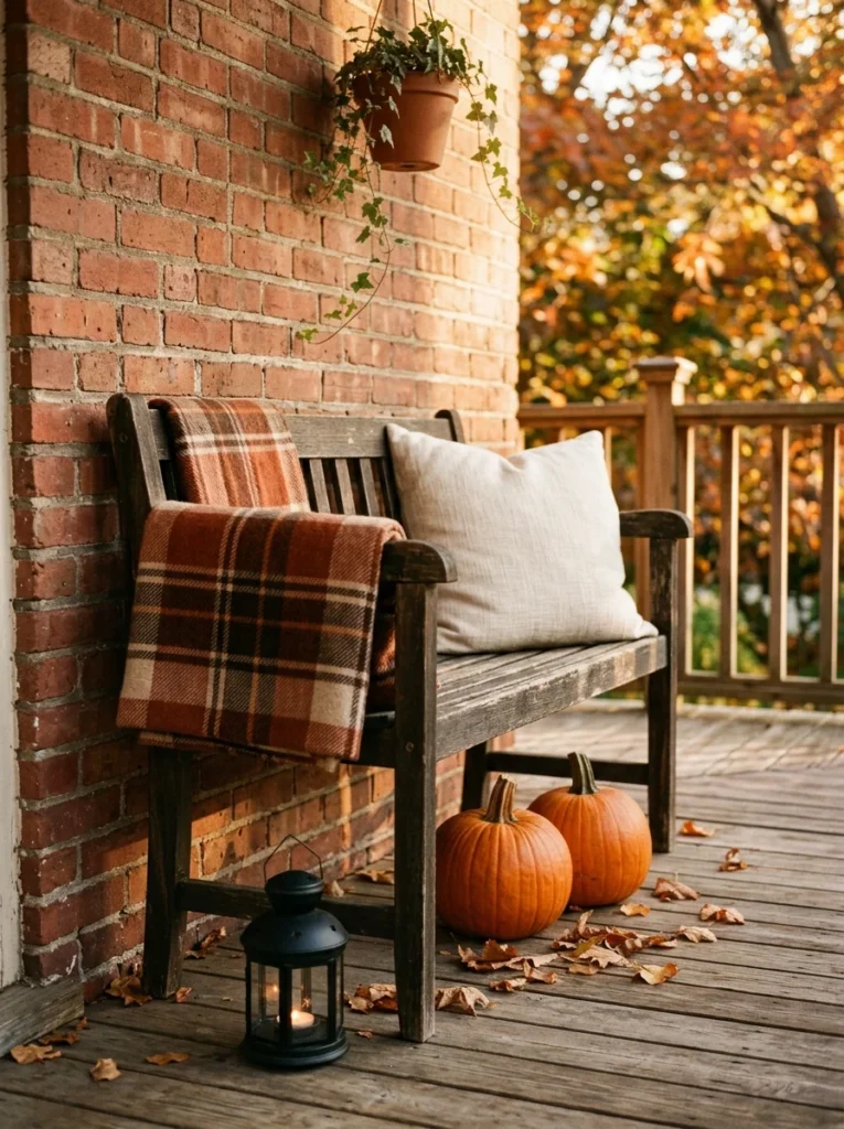 A plaid throw and pumpkins add cozy texture to a small fall porch bench.