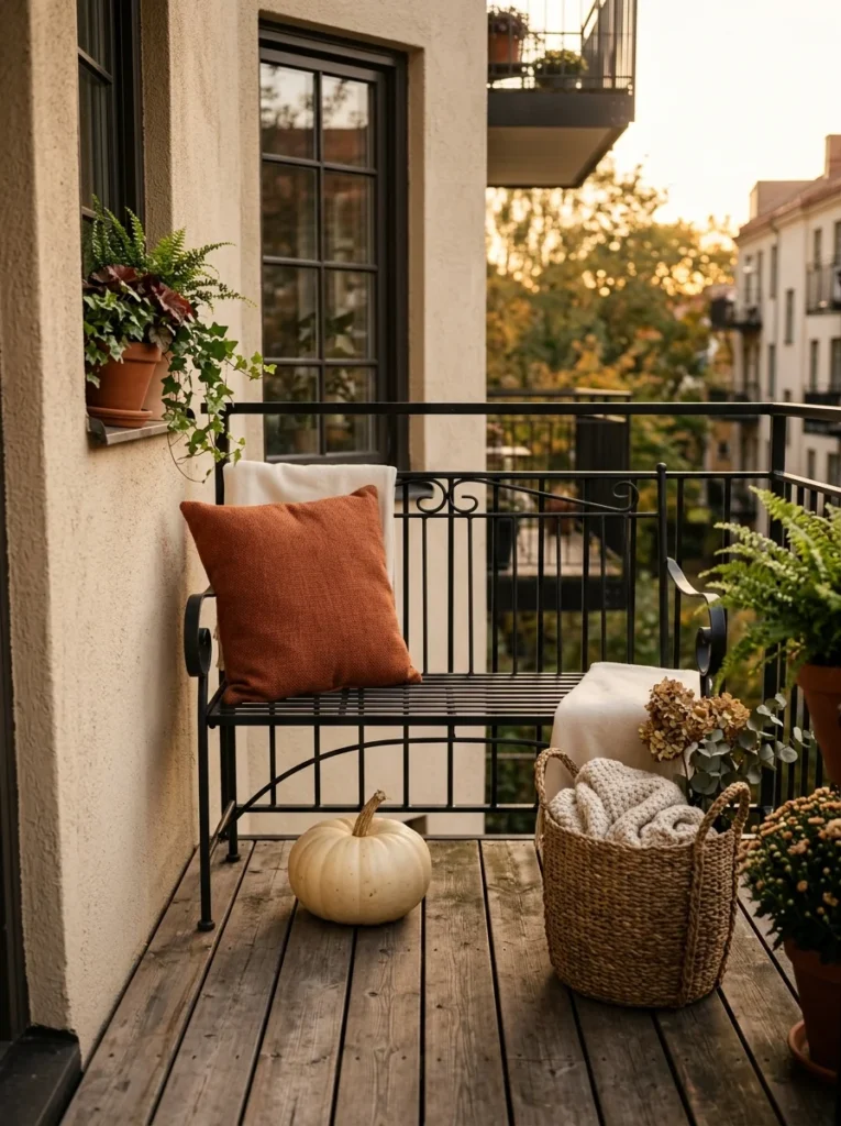  Slim bench with a rust cushion and pumpkin on a small apartment porch.
