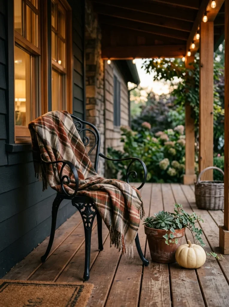 Plaid throw and bistro chair adding cozy autumn texture to a small porch.