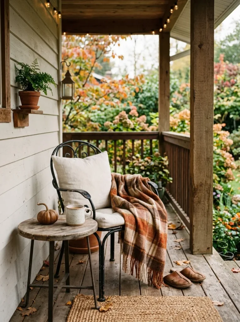 A plaid throw adds cozy texture to a covered porch fall arrangement